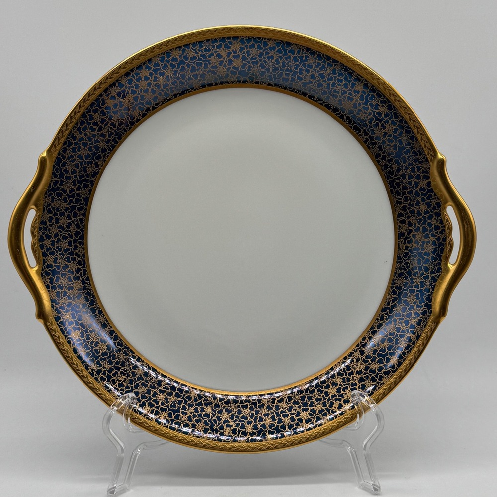 Antique 1919 Pickard Cobalt Blue Gold Encrusted Rose Daisy Handled Cake Plate 10